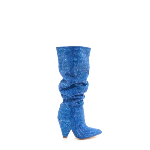 Rhinestone Pointed Toe Chunky Knee High Boots Blue Size 10 - Picture 2 of 2